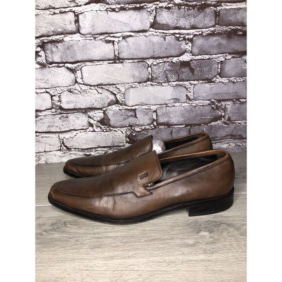 Boss Hugo Boss Brown Leather Square Toe Dress Loafers Shoes Men’s Sz 11M US/44EU - Picture 1 of 16